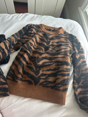 DKNY Tiger-Striped Fuzzy Knit Sweater - Brown & Black